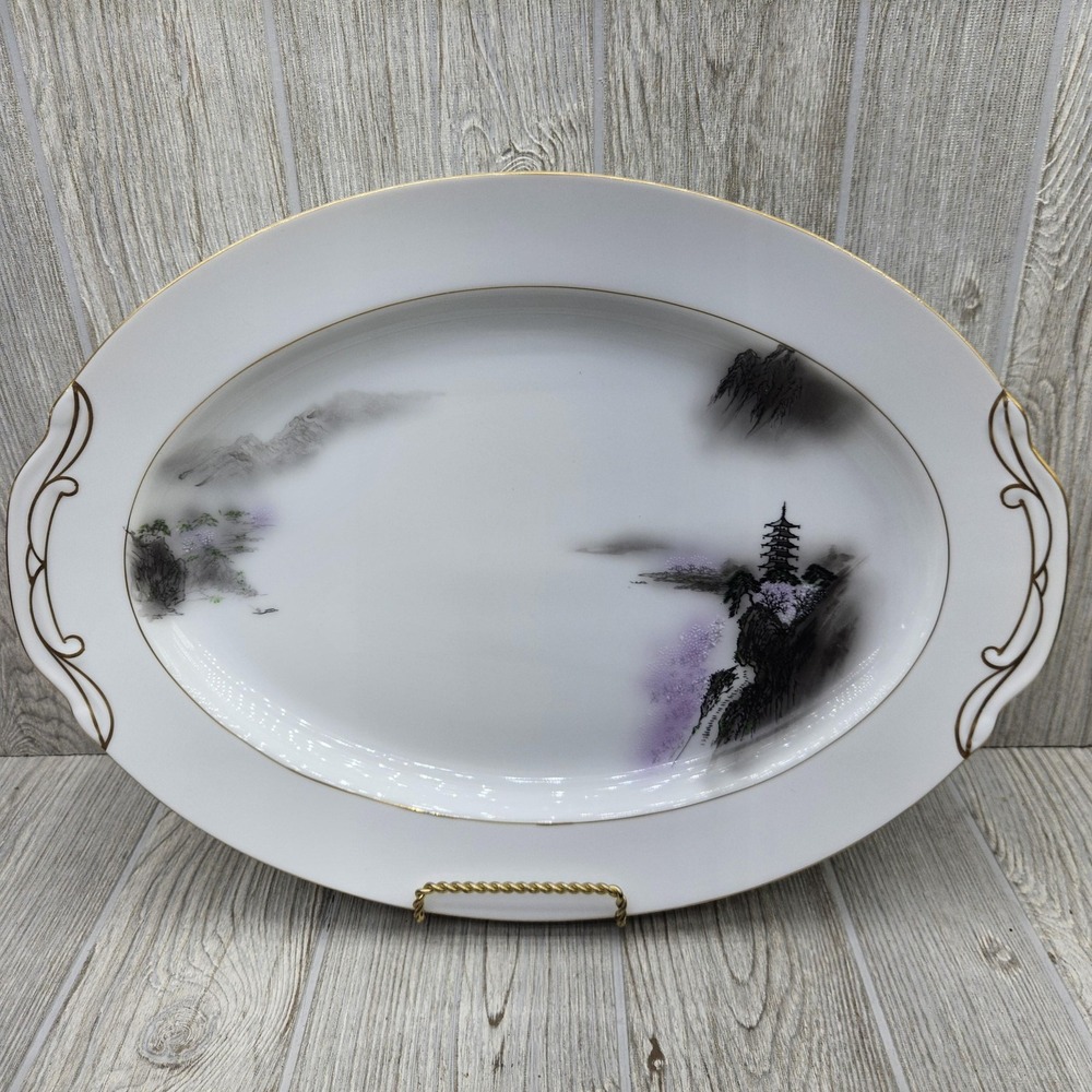 Fukagawa Arita Japan 16" Oval Serving Platter Landscape Black Multicolor Gold
